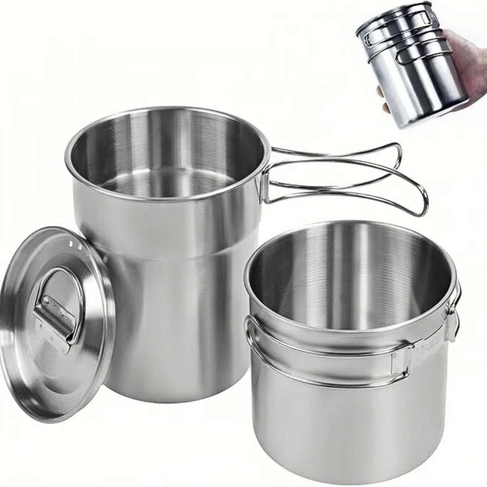 Camping Cooking Kit - 折りたたみ式キャンプカップマグカップキャンプポット調理器具304食品グレード屋外キャンプクッキングセット（通気蓋付き、ステンレス鋼バックパック）
