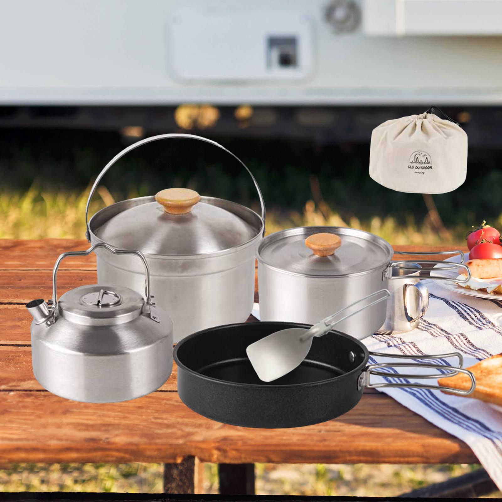 Campfire Cooking - キャンプ調理器具 クックギア ポータブル ノンスティックフライパン、ティーポット、ケトル 折りたたみハンドル ハイキング