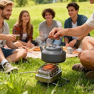 Camping Cooking Heater - ポータブル2in1キャンプ用ヒーター＆ストーブ、アウトドアガスバーナー、料理、ハイキング、ピクニック、BBQ用、2000W 360 ° 放射熱 3モード