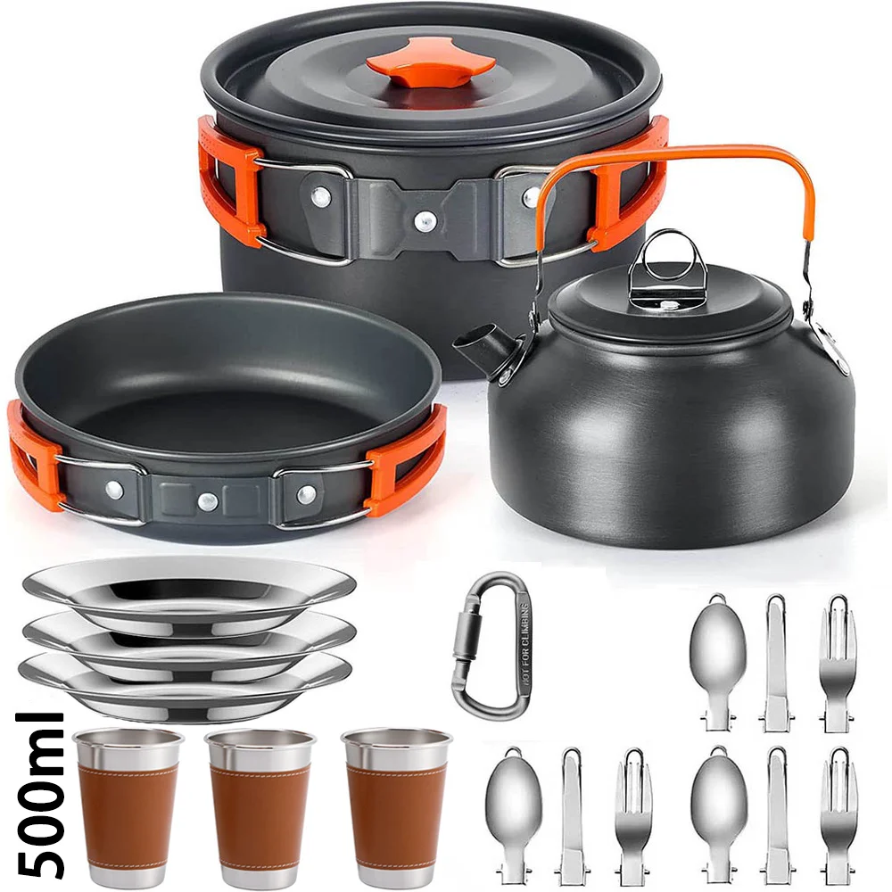 Camping Cooking Set Non Stick - 多人数キャンプ用調理器具セット キャンプ用調理器具 旅行用食器 アウトドアピクニックセット ティーポット ノンスティック鍋セット