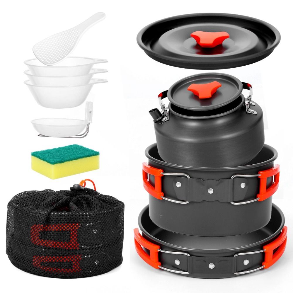 Camping Cooking Set Non Stick - アルミ合金キャンプ調理器具キットノンスティックコーティングポータブルアウトドアクッキングセット折りたたみ式収納旅行食器旅行