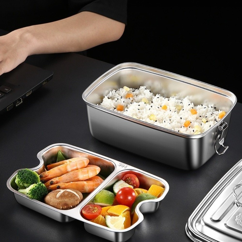 Camping Cooking Heater - 二層ステンレス製ランチボックス、仕切り付き、漏れ防止、電子レンジ対応、ハンドル付き、滑り止め、フレッシュボックス、キャンプ用