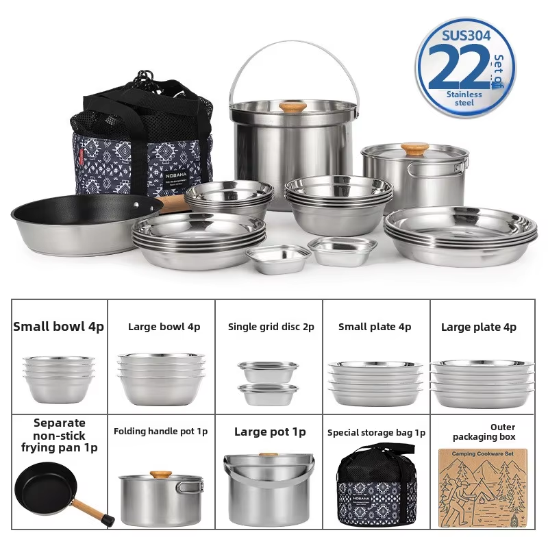 Camping Cooking Kit - NOBANA 最新の屋外ステンレス鋼ポットセットキャンプファミリーポットセット 5L ポータブルピクニックスープポット揚げ蒸し家庭用ポット
