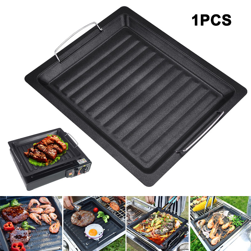 Camping Cooking Set Non Stick - 屋外用厚い四角グリルパン 2つのハンドル付き ポータブルノンスティックグリルパン ベーキングトレイ 外出用 バーベキュー