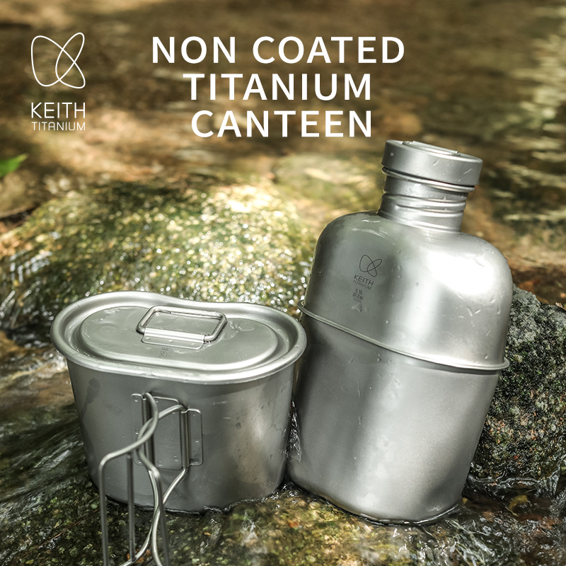 Camping Cooking Kit - KEITH 純チタン製キャンティーン メスキット、超軽量ウォーターボトル＆クッキングポットセット、ポーチ付き、アウトドアキャンプハイキング用 TI3060