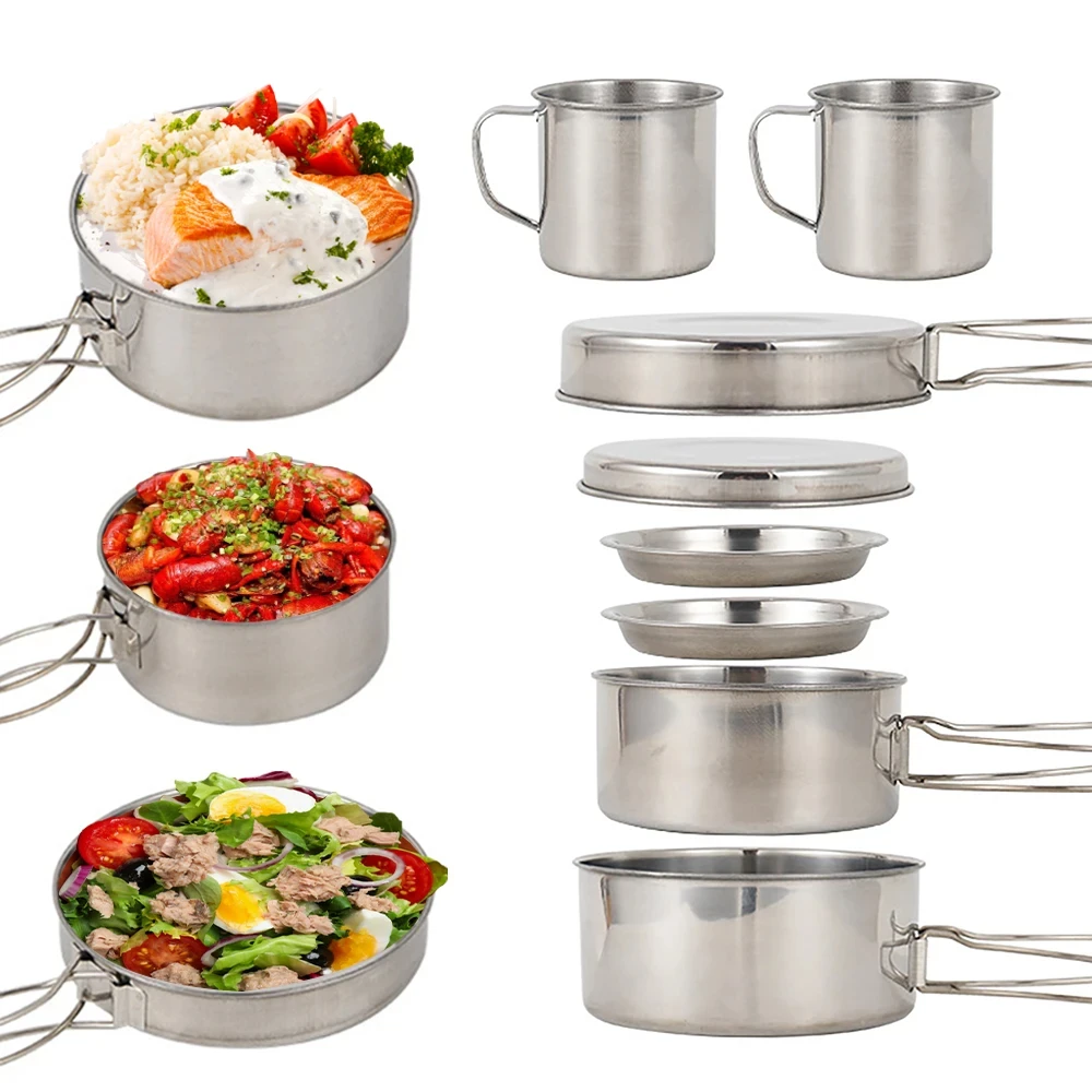 8個/セット キャンプ調理器具セット ステンレス製鍋とフライ - Camping Cooking Kit のレビューと価格