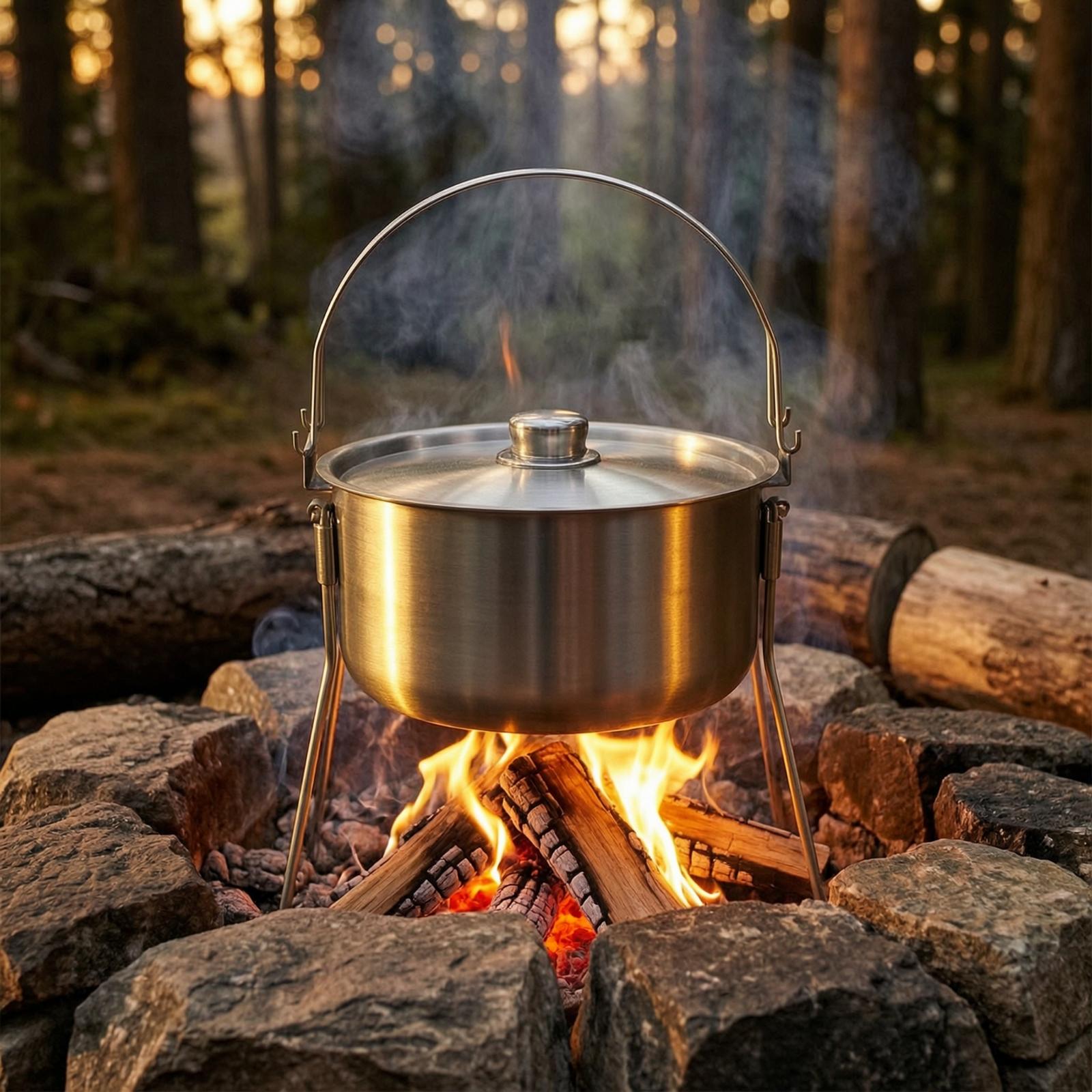 三脚付きステンレス製キャンプポット（蓋付き、ブラシ仕上げ）  - Campfire Cooking のレビューと価格