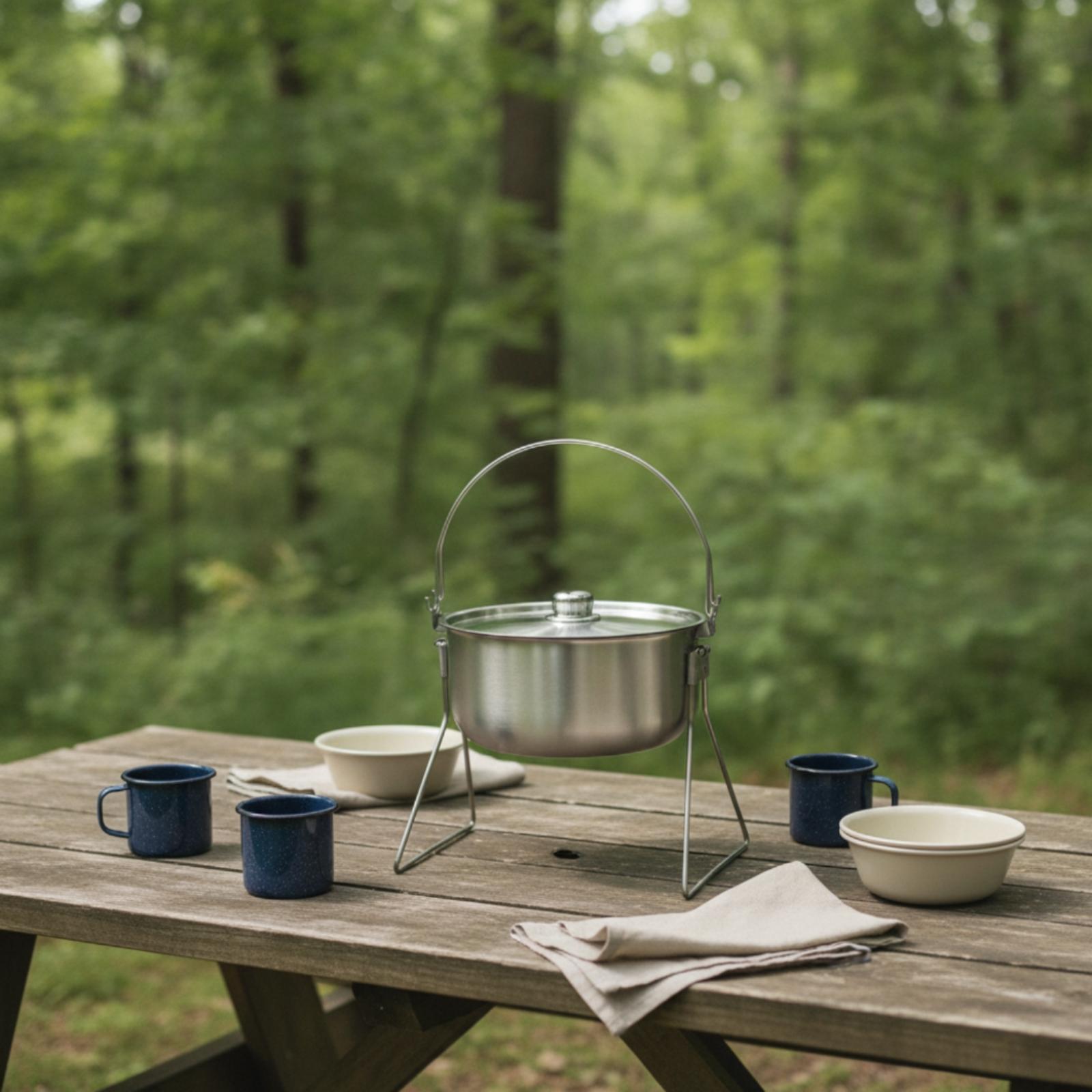 三脚付きステンレス製キャンプポット（蓋付き、ブラシ仕上げ）  - Campfire Cooking のレビューと価格