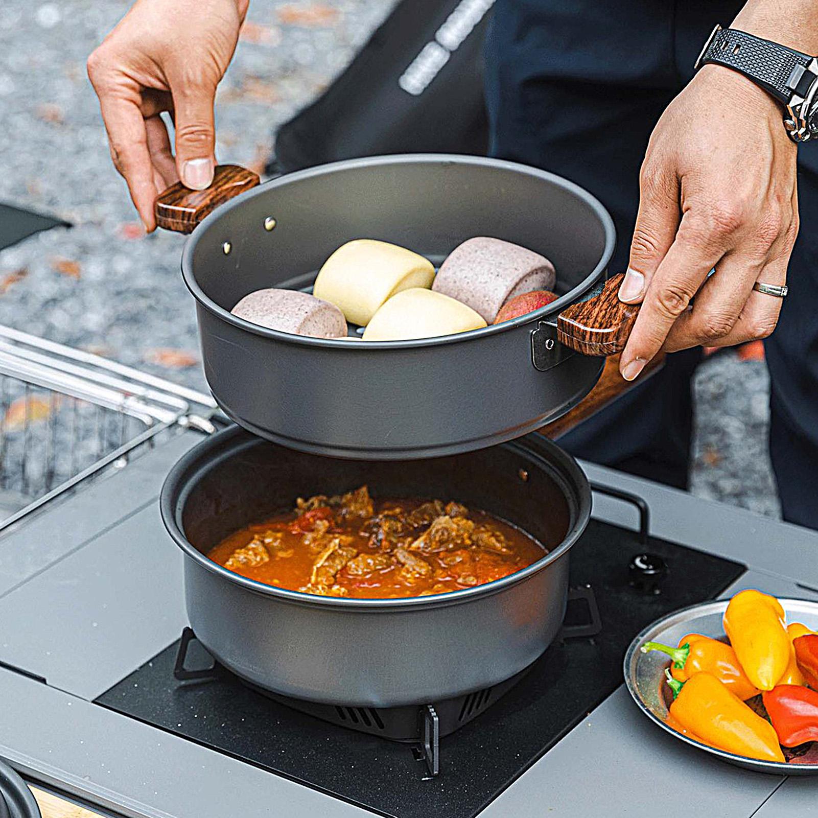 バックパッキングポット 二層構造 木製ハンドル付き ポータブ - Camping Double Cooking Stove のレビューと価格